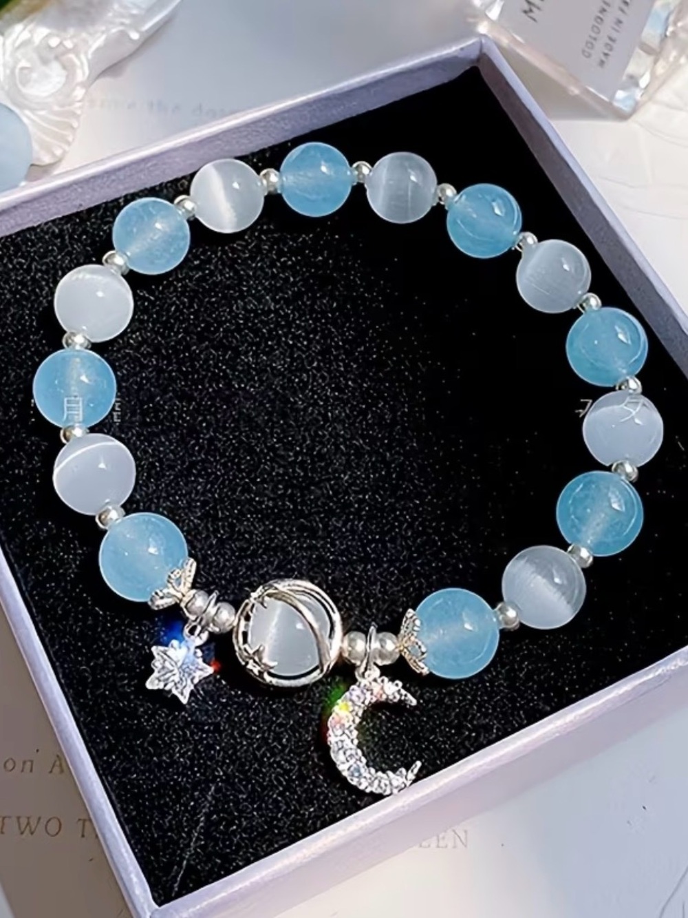 Blue Silver Moon & Star Bead Bracelet